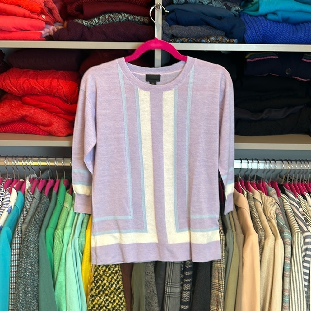 J Crew 100% cashmere lavender with stripes 3/4 sleeve crew neck sweater size XS​
